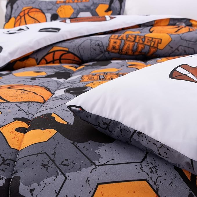 Btargot 3 Piece Grey Geometric Basketball Comforter Set Twin for Boys Teens, 3D Sports Bedding,Soft Microfiber Reversible Quilt with 2 Matching Pillow Shams, Yellow - LeafyLoom