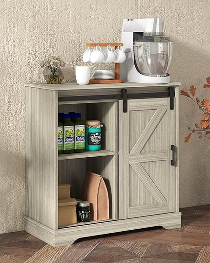 Panana Sliding Barn Door Buffet Sideboard Storage Cabinet Coffee Bar Kitchen Farmhouse Style (Oak) - LeafyLoom