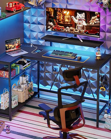 Bestier 52 Led Gaming Desk with Power Outlet & USB Ports,Small L Shaped Computer Desk with Headset Hooks,Corner Desk for Home Office Carbon Fiber Black - LeafyLoom