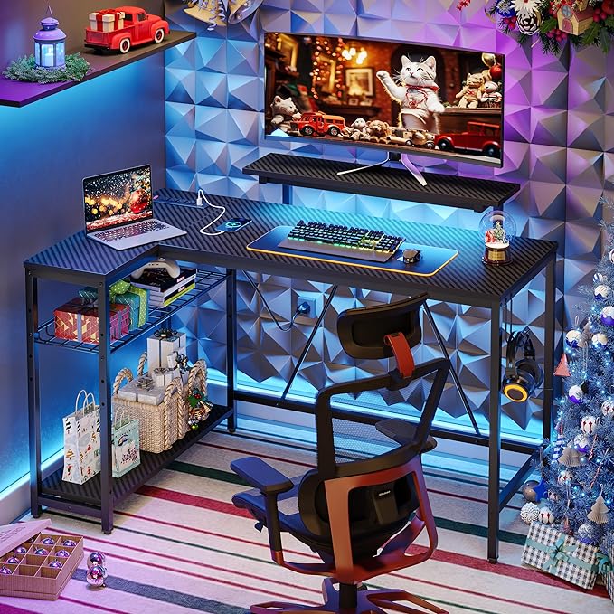 Bestier 52 Led Gaming Desk with Power Outlet & USB Ports,Small L Shaped Computer Desk with Headset Hooks,Corner Desk for Home Office Carbon Fiber Black - LeafyLoom