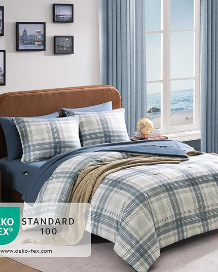 Blue King Size Comforter Set, Plaid King Bed Sets for Boys & Girls,Classic Homestead-Style King Sized Comforter Bedding Set with Sheets and Comforter Sets - LeafyLoom