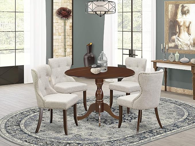 East West Furniture DMSI5-MAH-35 5 Piece Dinette Set for 4 Includes a Round Dining Room Table with Dropleaf and 4 Doeskin Linen Fabric Upholstered Parson Chairs, 42x42 Inch, Mahogany - LeafyLoom