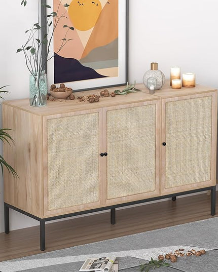 Sideboard Buffet Cabinet with Handmade Natural Decorated Doors, Buffet Cabinet Rattan Cabinet, Sideboard Cabinet with Metal Legs for Living Room, Hallway, Entryway Natural 3 Doors - LeafyLoom
