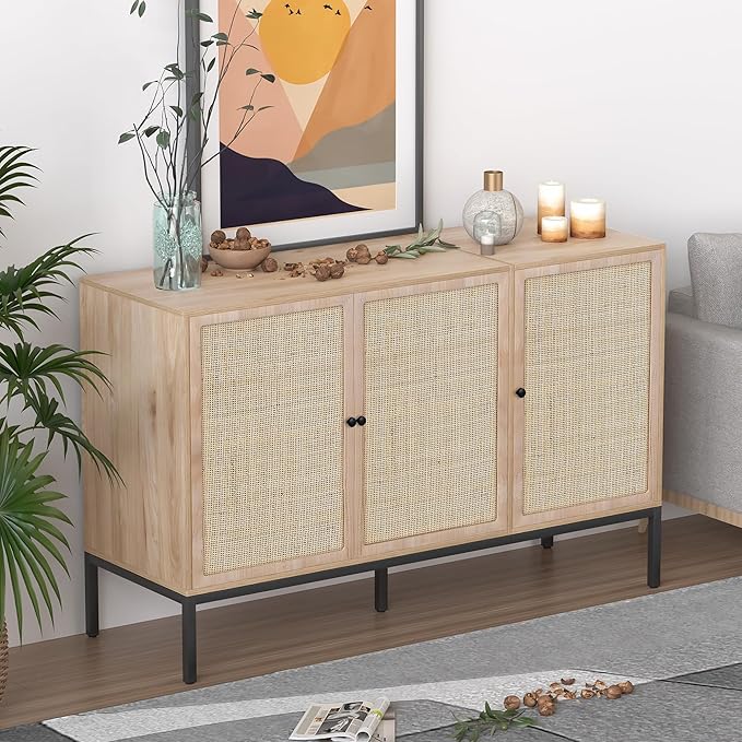 Sideboard Buffet Cabinet with Handmade Natural Decorated Doors, Buffet Cabinet Rattan Cabinet, Sideboard Cabinet with Metal Legs for Living Room, Hallway, Entryway Natural 3 Doors - LeafyLoom