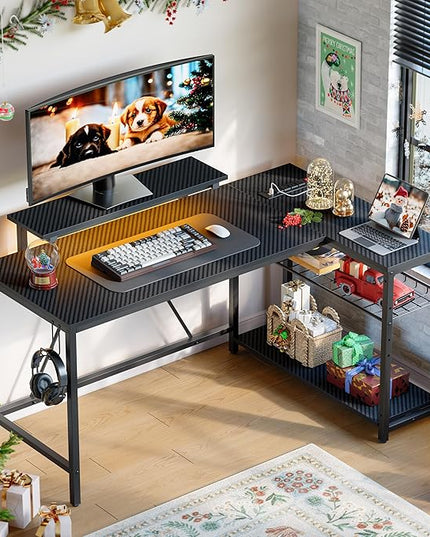 Bestier 58 L Shaped Gaming Desk with LED Lights & Power Outlets,Reversible Home Office Corner Desk with Shelves,Larger PC Workstation with Hooks for Studying,Desk for Bedroom,Carbon Fiber Black - LeafyLoom