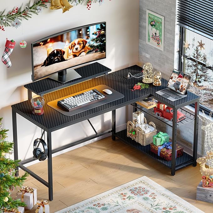 Bestier 58 L Shaped Gaming Desk with LED Lights & Power Outlets,Reversible Home Office Corner Desk with Shelves,Larger PC Workstation with Hooks for Studying,Desk for Bedroom,Carbon Fiber Black - LeafyLoom