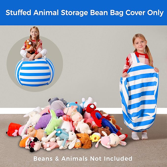 Aubliss Stuffed Animal Bean Bag Storage Chair (Blue/White Striped, Medium (32'')) - LeafyLoom