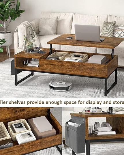 Aheaplus Lift Top Coffee Table with Storage, Wood Lifting Top Central Table Metal Frame, 43.3" Lift Tabletop Tea Table with Side Pouch, Cocktail Table Modern Pop up Adjustable Table for Living Room - LeafyLoom