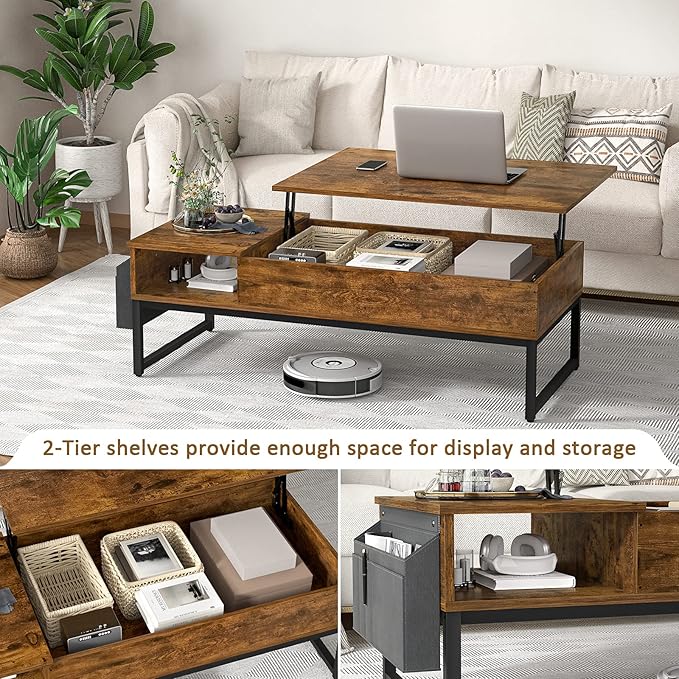 Aheaplus Lift Top Coffee Table with Storage, Wood Lifting Top Central Table Metal Frame, 43.3" Lift Tabletop Tea Table with Side Pouch, Cocktail Table Modern Pop up Adjustable Table for Living Room - LeafyLoom