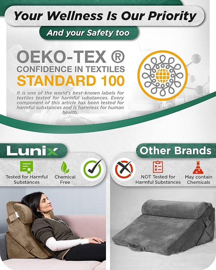 Lunix 3pcs Orthopedic Bed Wedge Pillow Set, Post Surgery Memory Foam for Back, Leg & Knee Pain Relief, Sitting Pillow, Adjustable Pillows for Acid Reflux and GERD for Sleeping, with Hot Cold Pack - LeafyLoom