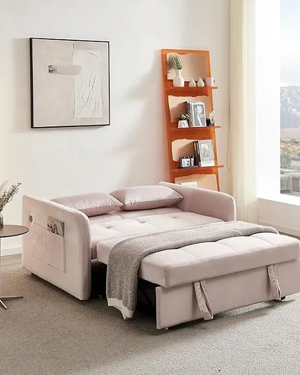 Velvet Tufted Convertible Pull Out Sofa Bed , 3 in 1 Multi-Functional Futon Lounge Chair Sleeper Couch Bed, Pullout Sofá with Adjustable Backrest and USB Ports for Living Room Small Space Apartment - LeafyLoom