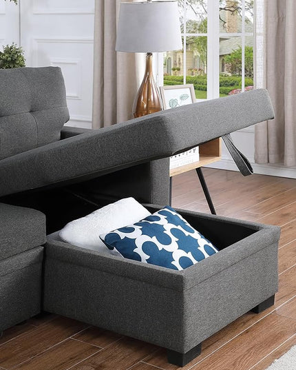 92" L-Shape Sectional Sofa with Storage Chaise Pull-out bed, Linen Tufted Upholstery Corner Couch W/Side Open Cup Holder for Living Room, Apartment,Office,Home Furniture Sets,Dark Gray - LeafyLoom