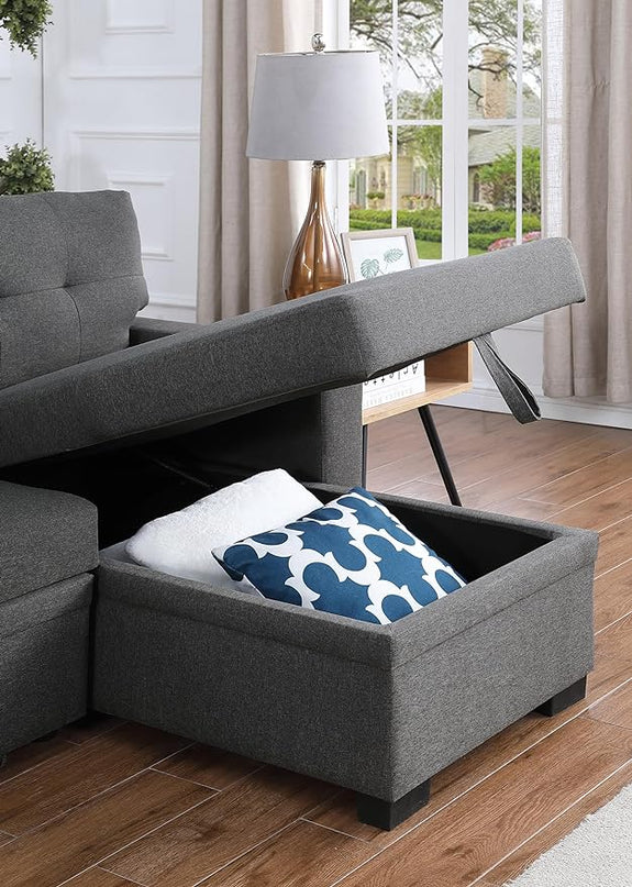 L Shaped Pull Out Couch with Storage Chaise & 3 Removable Back Cushions,Linen Upholstered Sectional Sleeper Sofa Bed W/Side Open Cup Holder&USB Port for Living Room,Office,Dark Grey,92" - LeafyLoom