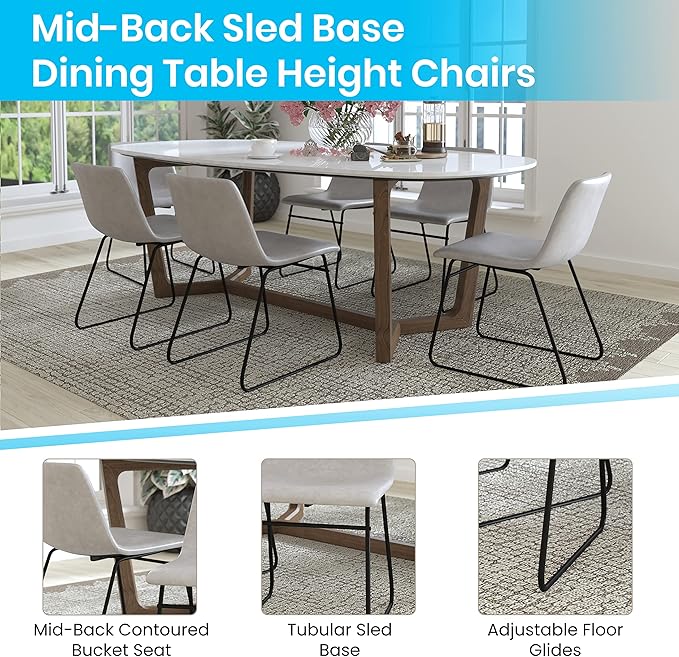 Flash Furniture Butler 18 Inch Commercial Grade LeatherSoft Dining Table Height Chair, Mid-Back Black Sled Base with Light Gray LeatherSoft Upholstery, Set of 2 - LeafyLoom