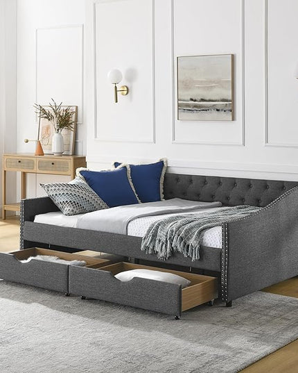 Full Size Daybed with Two Storage Drawers, Linen Upholstered Tufted Sofa Bed w/Button on Back and Copper Nail on Waved Shape Arms, for Bedroom Living Room, No Box Spring Needed, Dark Grey - LeafyLoom