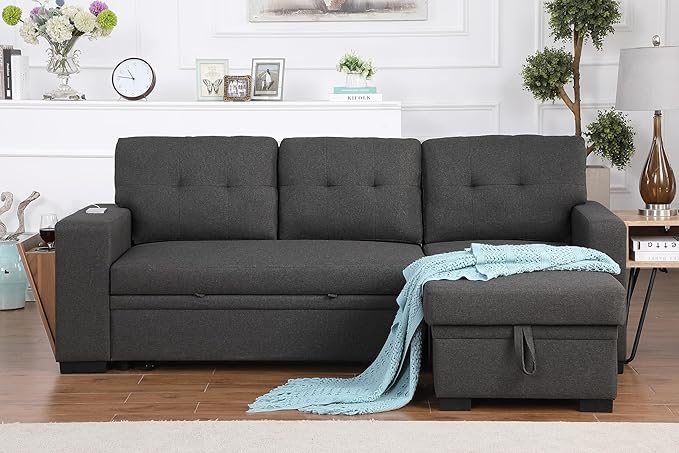 92 inch Convertible Sleeper L-Shaped Sectional Sofa with Storage Chaise, Upholstered Reversible Couch with Side Open Cup Holder for Apartment, Dorm, Living Room, Gray, 92inch, Dark Grey-5 - LeafyLoom