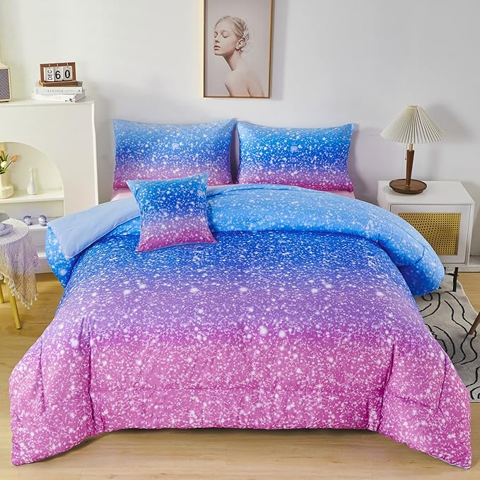 RYNGHIPY 6Pcs Sparkle Gradient Glitter Comforter Sets, Ombre Indigo Pink Gradient Bedding Set for Boys Girls, Rainbow Bed in A Bag Full Size - LeafyLoom