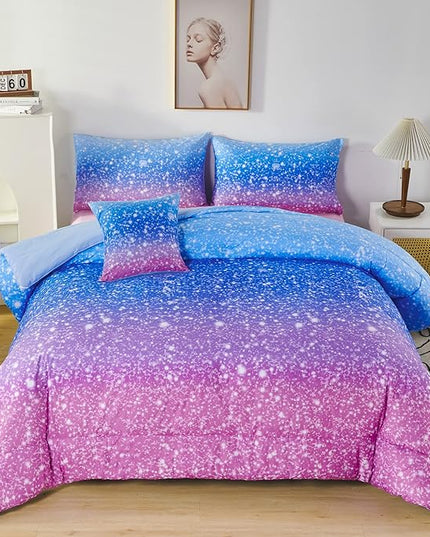 RYNGHIPY 6Pcs Sparkle Gradient Glitter Comforter Sets, Ombre Indigo Pink Gradient Bedding Set for Boys Girls, Rainbow Bed in A Bag Queen Size - LeafyLoom