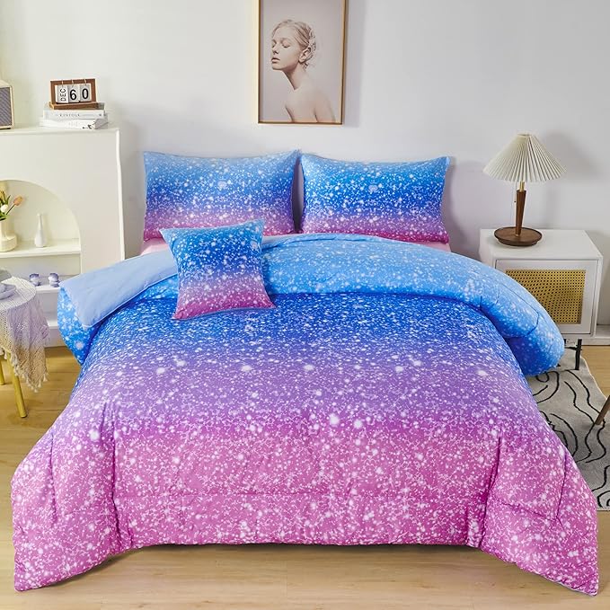 RYNGHIPY 6Pcs Sparkle Gradient Glitter Comforter Sets, Ombre Indigo Pink Gradient Bedding Set for Boys Girls, Rainbow Bed in A Bag Twin Size - LeafyLoom
