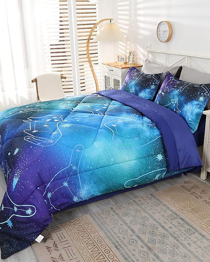 Wowelife Galaxy Bedding Set Full Size 5 Pieces Galaxy Space Comforter Set Blue 3D Galaxy Kids Comforter Sets Lightweight with Comforter, Flat Sheet, Fitted Sheet and 2 Pillowcases - LeafyLoom