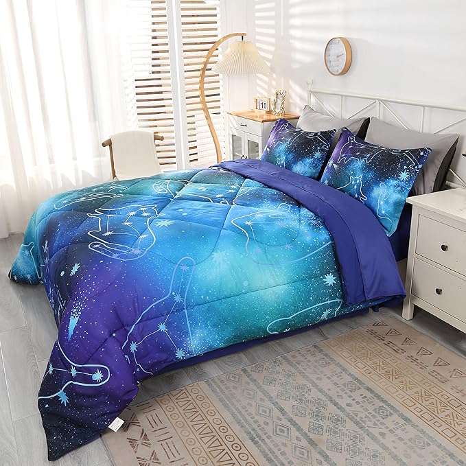 Wowelife Galaxy Bedding Set Full Size 5 Pieces Galaxy Space Comforter Set Blue 3D Galaxy Kids Comforter Sets Lightweight with Comforter, Flat Sheet, Fitted Sheet and 2 Pillowcases - LeafyLoom