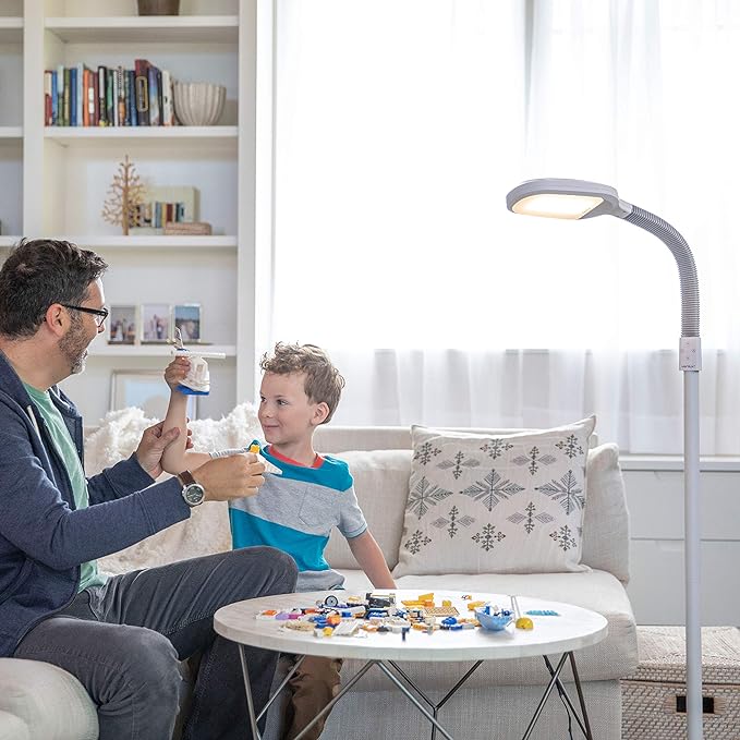 Verilux SmartLight Full Spectrum LED Modern Floor Lamp with Adjustable Brightness, Flexible Gooseneck and Easy Controls - Reduces Eye Strain and Fatigue - Ideal for Reading, Artists, Craft (White) - LeafyLoom