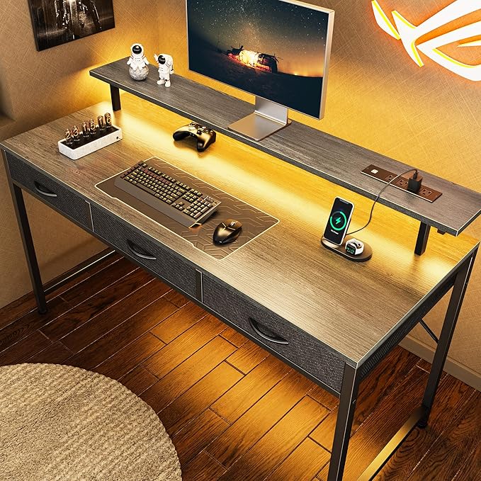 55 inch Computer Desk with 3 Drawers, Office Desk Gaming Desk with LED Lights & Power Outlets, Home Office Desks with Storage Space for Bedroom, Work from Home, Gray - LeafyLoom