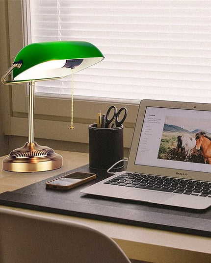 Newhouse Lighting NHDK-MO-GOAZ Morgan Antique Green and Brass Glass and Metal Adjustable Classic Banker Lamp | Compatible with Energy-Efficient LED Bulb - LeafyLoom
