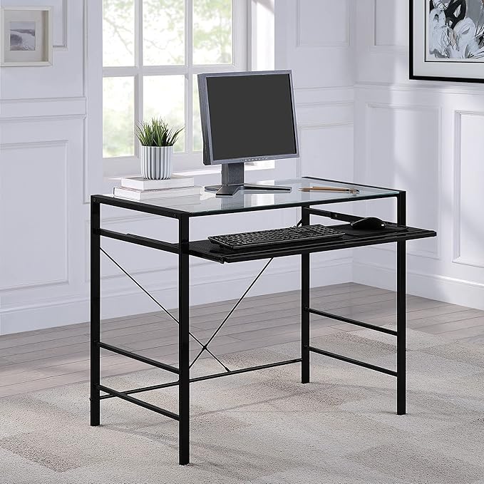 OSP Home Furnishings Zephyr Computer Desk with Keyboard Shelf and Tempered Glass Top, Clear Glass and Black Frame, 36" W x 20" D x 30.25" H - LeafyLoom