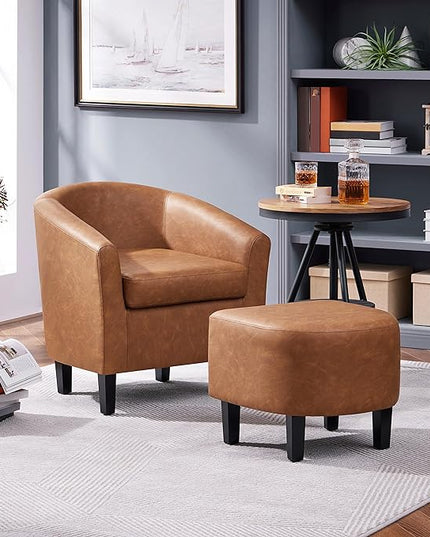 Yaheetech Accent Chair with Ottoman Footstool, PU Leather Modern Upholstered Soft Barrel Chair, Comfy Club Armchair and Footrest Set for Living Room/Bedroom/Reading Room/Guestroom, Brown - LeafyLoom