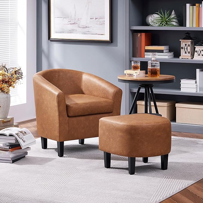 Yaheetech Accent Chair with Ottoman Footstool, PU Leather Modern Upholstered Soft Barrel Chair, Comfy Club Armchair and Footrest Set for Living Room/Bedroom/Reading Room/Guestroom, Brown - LeafyLoom