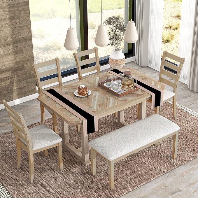 6-Piece Wooden Dining Table Set Pattern Tabletop and 4 Upholstered Chairs & Bench, 60" L x 36" W x 30.3" H, Natural(Beautiful Wood Grain) - LeafyLoom