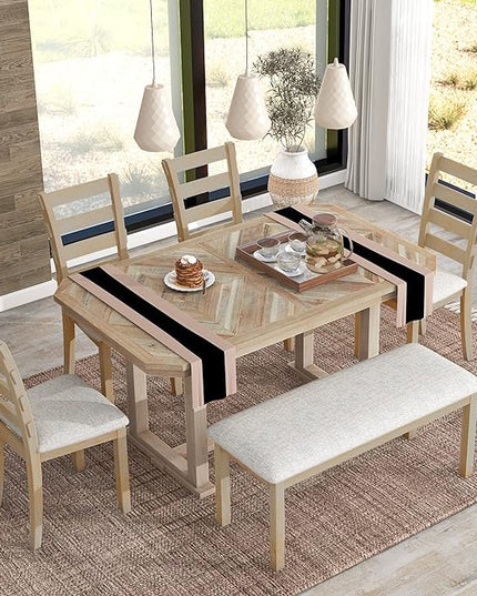 Dining Table Set for 6, 6-Piece Rubber Wood Dining Table Set with Beautiful Wood Grain Pattern Tabletop and Soft Cushion, Dining Room Table Set for Living Room, Kitchen, Natural Wood Wash - LeafyLoom