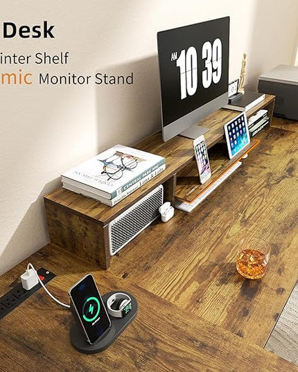 L Shaped Desk - 87" L Shaped Gaming Desk with Power Outlet & Monitor Shelf, Home Office Corner Computer Desk with Printer Shelf & File Drawer, Rustic Brown - LeafyLoom