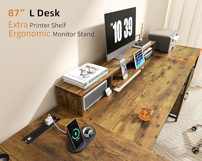 L Shaped Desk - 87" L Shaped Gaming Desk with Power Outlet & Monitor Shelf, Home Office Corner Computer Desk with Printer Shelf & File Drawer, Rustic Brown - LeafyLoom