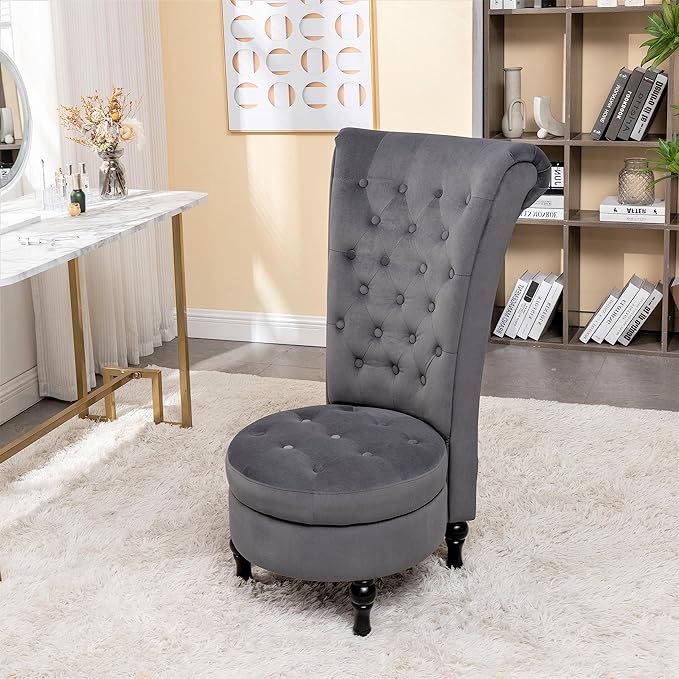 Royal Velvet Accent Chair for Vanity with Storage and Luxurious Upholstery, Retro Design and Versatile Usage for Living Room, Bedroom, Lounge and Office, Grey - LeafyLoom