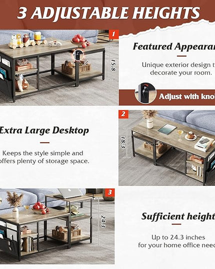 WLIVE Coffee Table for Living Room, Adjustable Coffee Table Set of 2 with End Table, Small Industrial Coffee Table with Side Table, Metal Frame and Wood Desktop, Greige - LeafyLoom