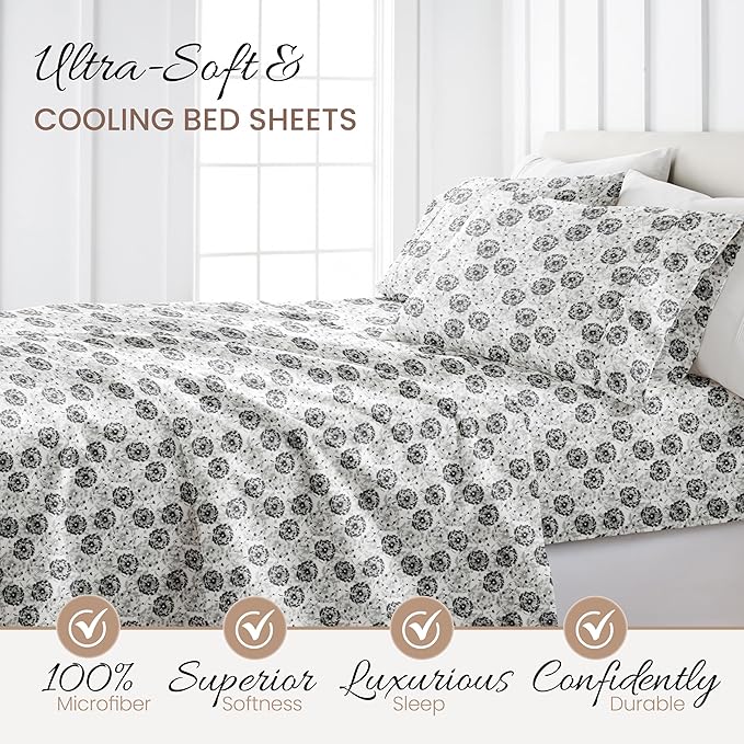 Linen Market 4 Piece California King Bedding Sheet Set (Gray Floral) - Sleep Better Than Ever with These Ultra-Soft & Cooling Bed Sheets for Your Cal King Size Bed - Deep Pocket Fits 16" Mattress - LeafyLoom