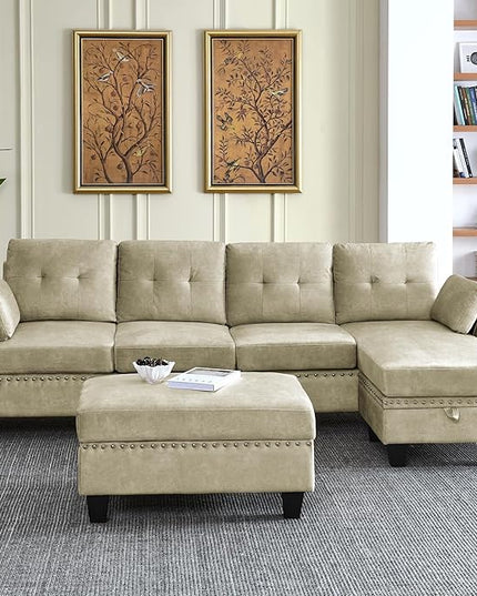 Velvet L Shaped Sofa with Reversible Chaise Lounge, Storage Ottoman, Pillows & Side Pocket, Button Tufted Backrest, 6-Seater Upholstered Corner Sectional Couches for Living Room Furniture Set - LeafyLoom