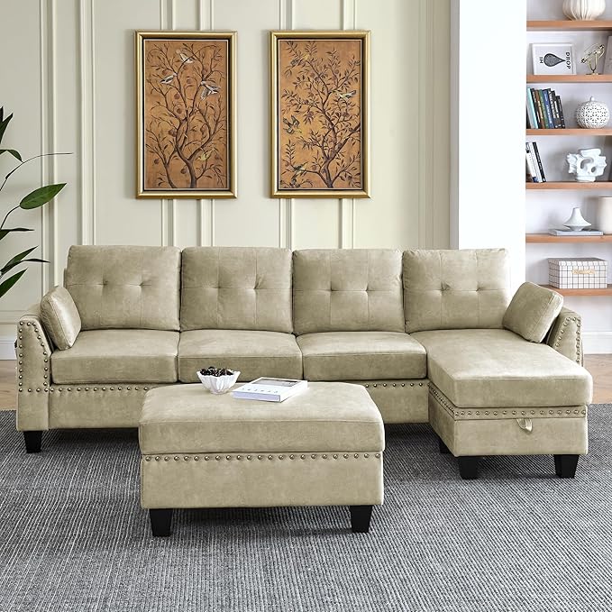 Velvet L Shaped Sofa with Reversible Chaise Lounge, Storage Ottoman, Pillows & Side Pocket, Button Tufted Backrest, 6-Seater Upholstered Corner Sectional Couches for Living Room Furniture Set - LeafyLoom