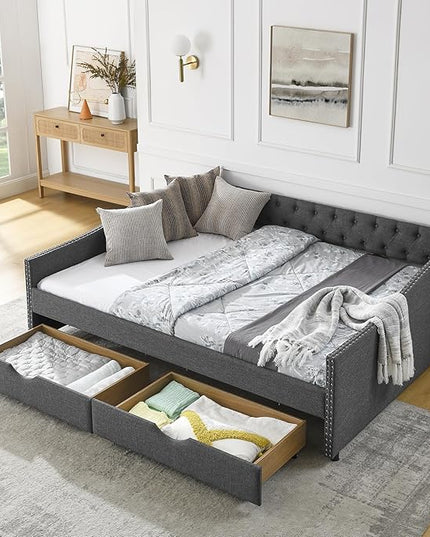 Queen Size Daybed with Two Storage Drawers, Linen Upholstered Tufted Sofa Bed w/Button on Back and Copper Nail on Waved Shape Arms, for Bedroom Living Room, No Box Spring Needed, Dark Grey - LeafyLoom