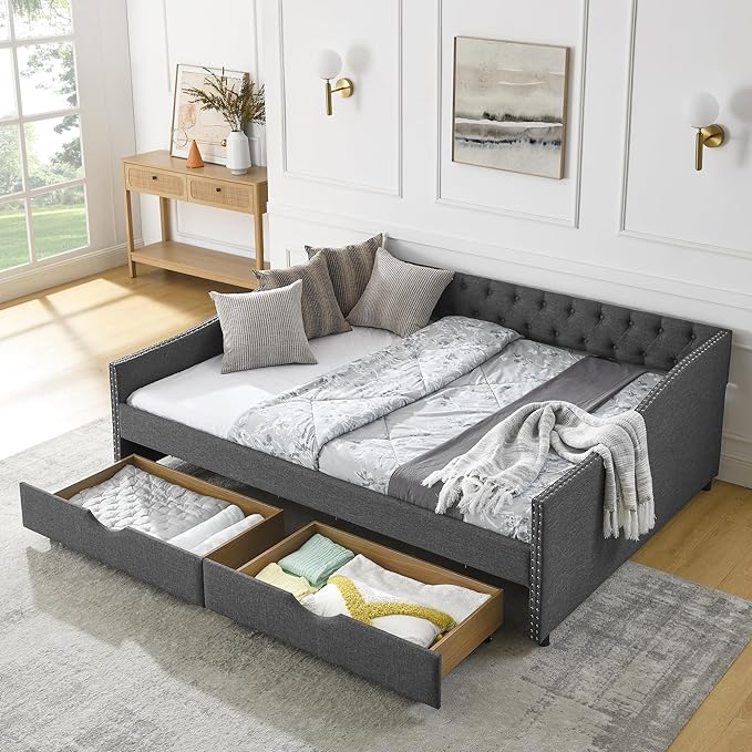 Queen Size Mid-Century Daybed, 2 Storage Drawers,Linen Button Upholstered Tufted Bed, Copper Nail on Waved Shape Arms, No Box Spring Needed,for Bedroom, Livingroom - LeafyLoom