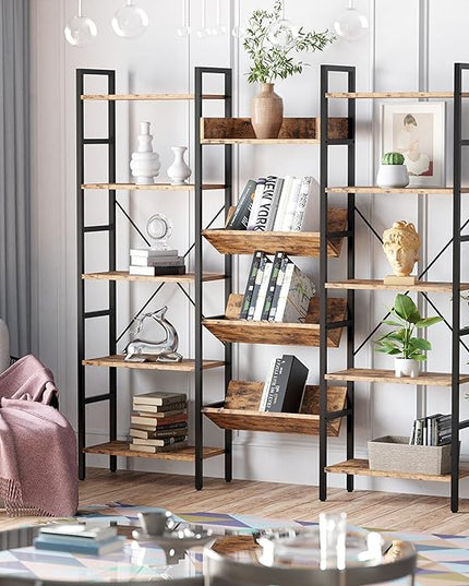 IRONCK Bookcases and Bookshelves Triple Wide 5 Tiers Industrial Bookshelf, Large Etagere Bookshelf Open Record Player Shelves with Metal Frame for Living Room Home Office - LeafyLoom