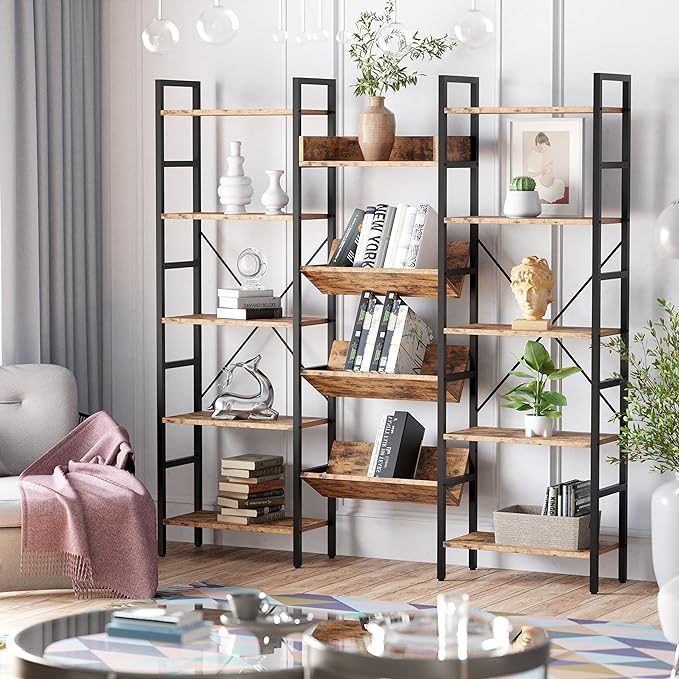 IRONCK Bookcases and Bookshelves Triple Wide 5 Tiers Industrial Bookshelf, Large Etagere Bookshelf Open Record Player Shelves with Metal Frame for Living Room Home Office - LeafyLoom