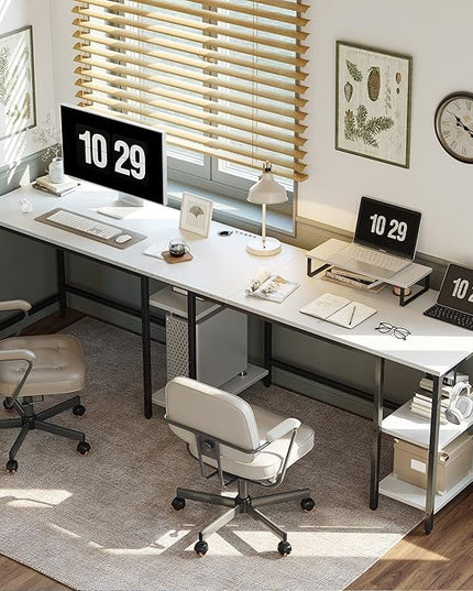 BANTI L Shaped Desk with Storage, 59 Inch Reversible Corner Computer Desk or 2 Person Long Table Desk, Home Office Large Gaming Writing Storage Workstation with Monitor Stand, White - LeafyLoom