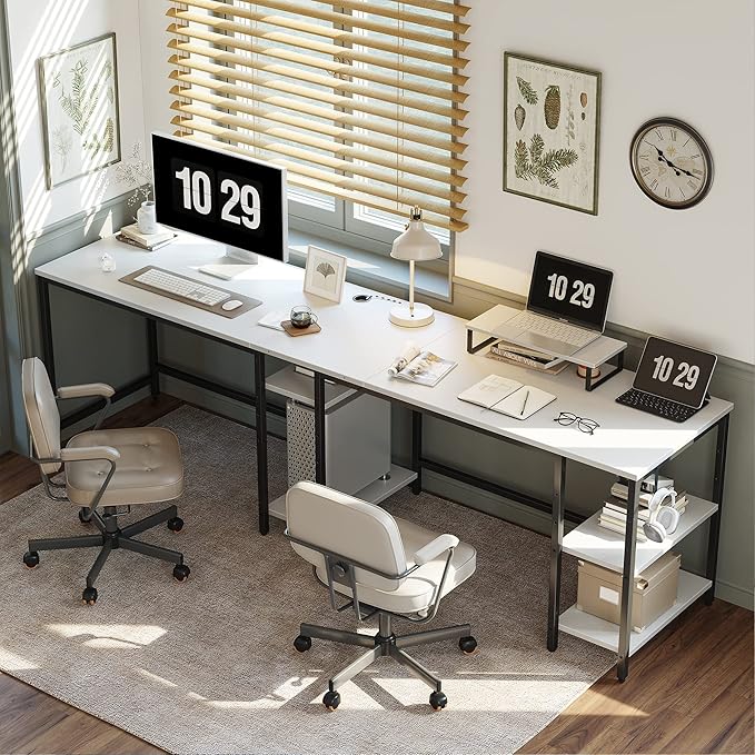 BANTI L Shaped Desk with Storage, 59 Inch Reversible Corner Computer Desk or 2 Person Long Table Desk, Home Office Large Gaming Writing Storage Workstation with Monitor Stand, White - LeafyLoom