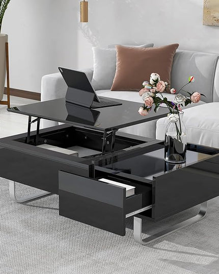 Lift Top Coffee Table, 45 Inch Contemporary Center Table with Drawer and Metal Frame Legs, High-Gloss Surface Coffee Tables for Living Room, Black - LeafyLoom