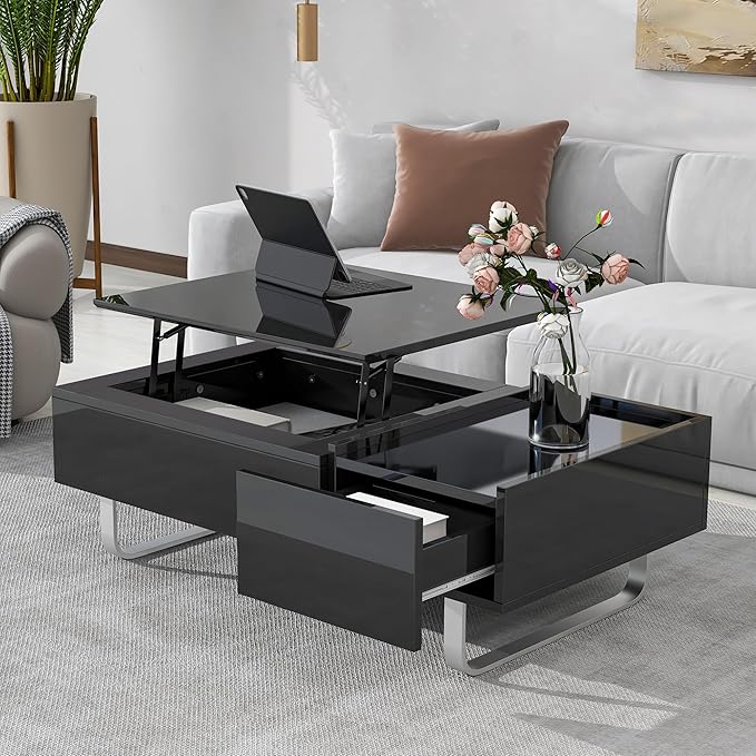 Lift Top Coffee Table, 45 Inch Contemporary Center Table with Drawer and Metal Frame Legs, High-Gloss Surface Coffee Tables for Living Room, Black - LeafyLoom