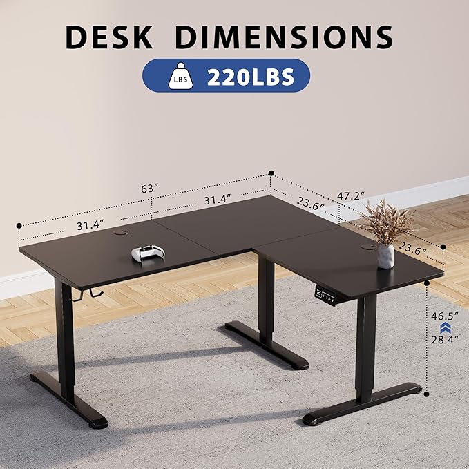 L-Shaped Electric Standing Desk, 63 x 48 Inches Height Adjustable Coner Table, Home Office Computer Workstation, Black, 63 x 48 Inch - LeafyLoom