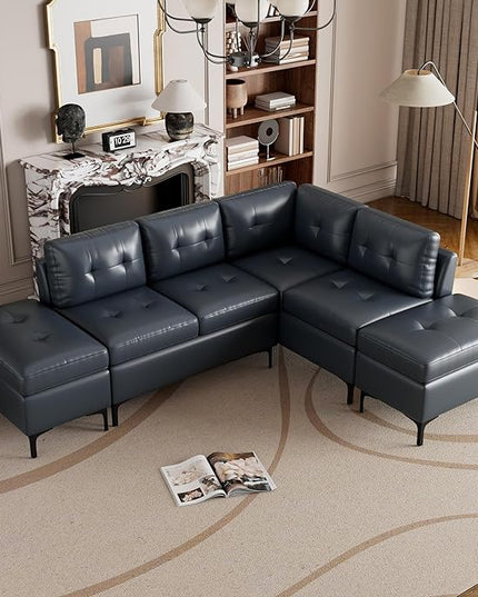 94.88" PU Leather L Shaped Sofa with Reversible Chaise Lounge, Storage Ottoman, Button Tufted Backrest&Cushion, 6-Seater Upholstered Corner Sectional Couches for Living Room Office Apartment - LeafyLoom